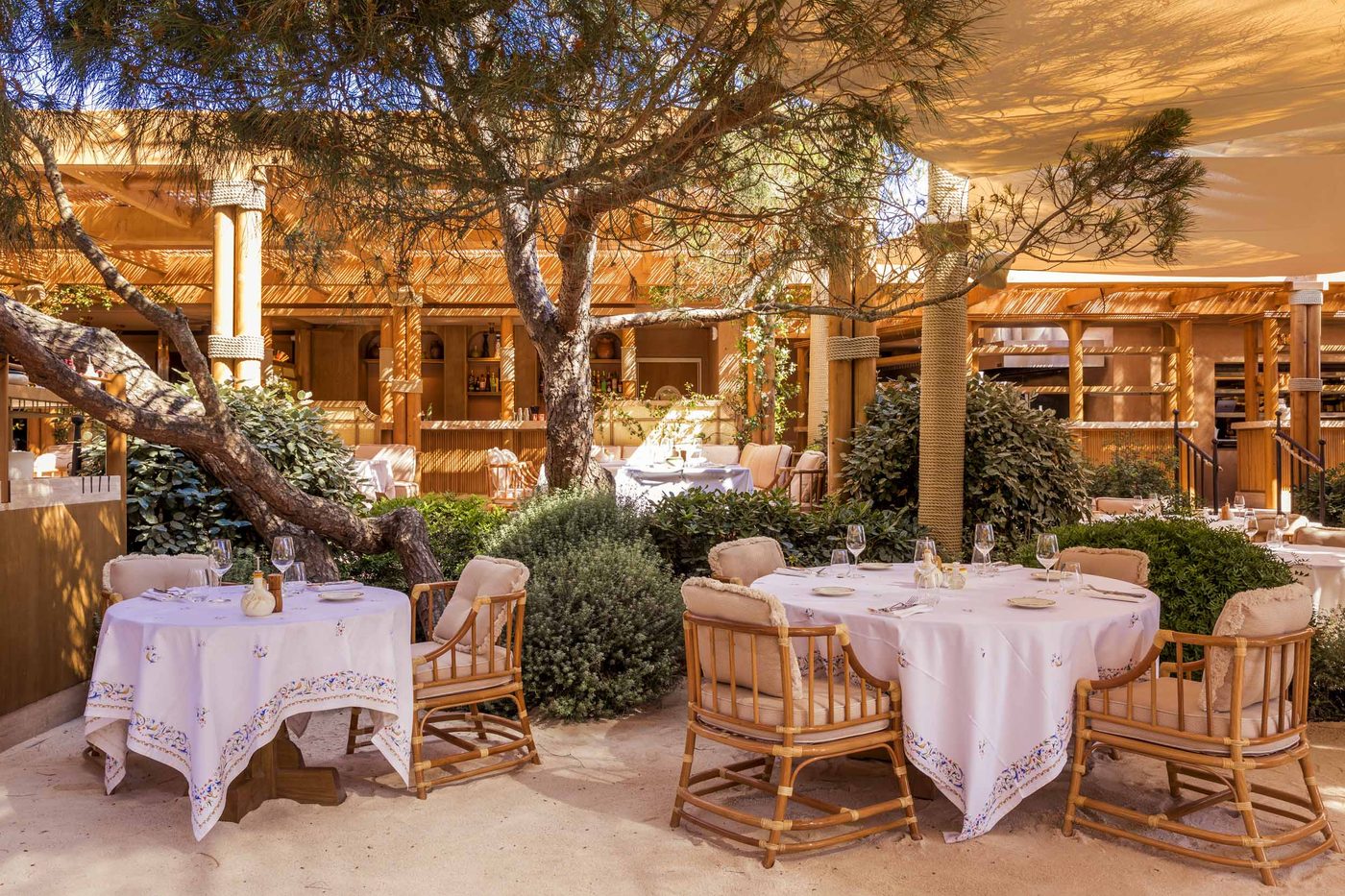 La terrasse de Gigi à Ramatuelle, tables nappées et fauteuils en rotin sous les pins